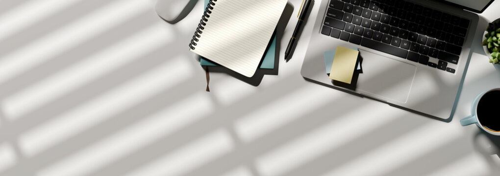3D Illustration Top View Office Workspace with Laptop, Notebook, Sticky Notes and Coffee on White Desk