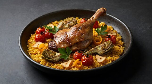 Roasted duck leg with saffron rice and fresh tomatoes served in a black pan. duck confit paella