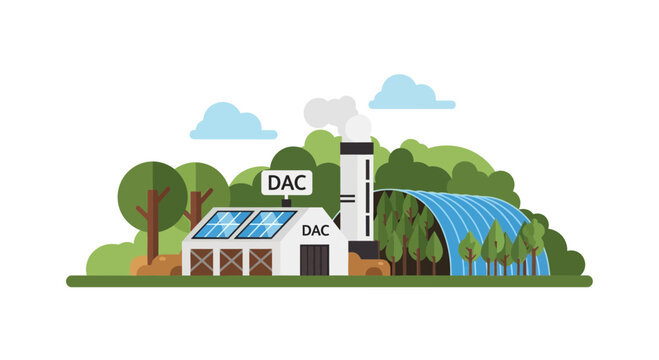 Direct Air Capture (DAC) Plant Vector Illustration with Solar Panels and Forest