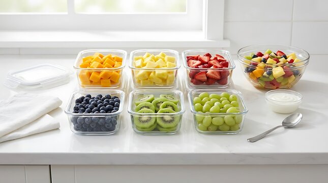 Fresh chopped fruit and berries in clear glass containers on a kitchen counter. easy fruit salad