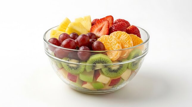 Fresh mixed fruit salad with strawberries grapes pineapple and kiwi in a glass bowl. easy fruit salad