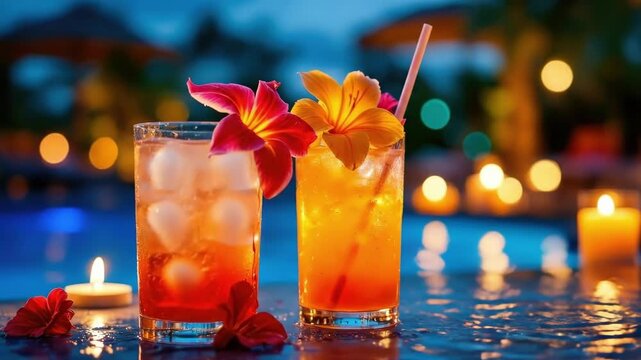 Refreshing tropical cocktails with flowers by candlelit poolside evening