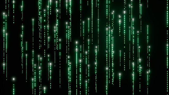 Green digital rain with glowing code cascading through cyberspace