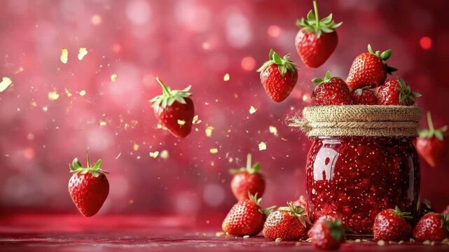 Fresh strawberries falling around jar of jam on vibrant red background