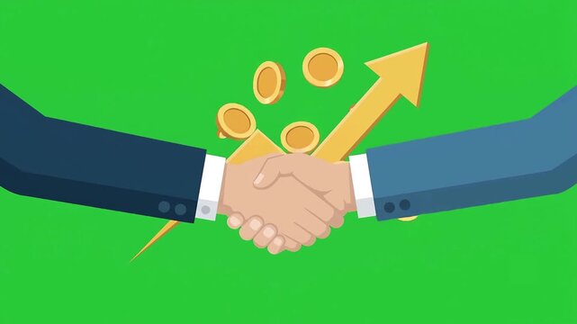 Successful Businessmen Shaking Hands - Growth Chart & Falling Coins Animation on Green Screen