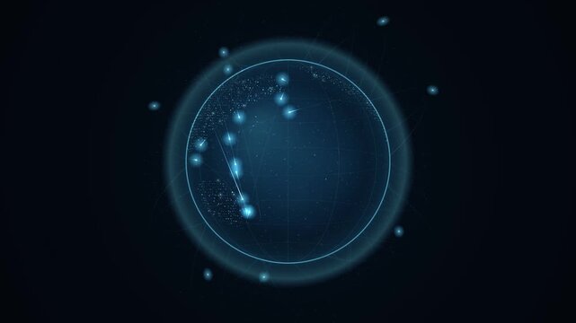 Radar screen with glowing blue interface displaying circular scanning patterns and digital mapping vectors.