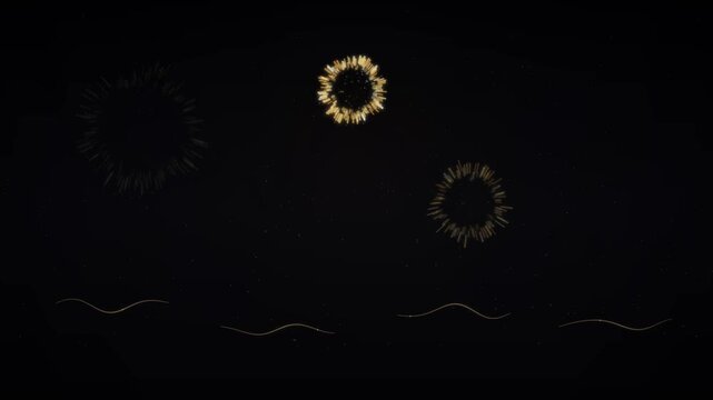 Golden festive fireworks exploding across a dark night sky above calm ocean waves creating a celebratory mood.