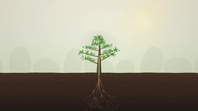 Tree roots spread underground beneath a healthy green sapling standing on dark soil in an ecological graphic design.