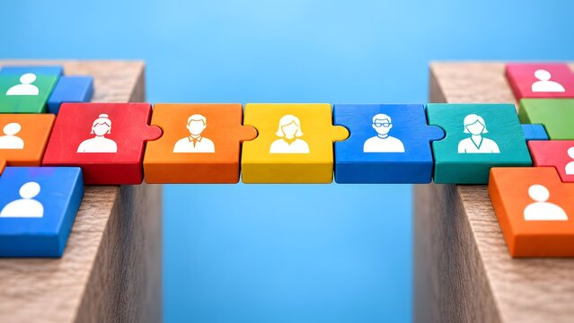 Colorful jigsaw puzzle pieces with employee avatars forming a wooden bridge across a gap symbolizing corporate team collaboration, unity, and HR inclusion