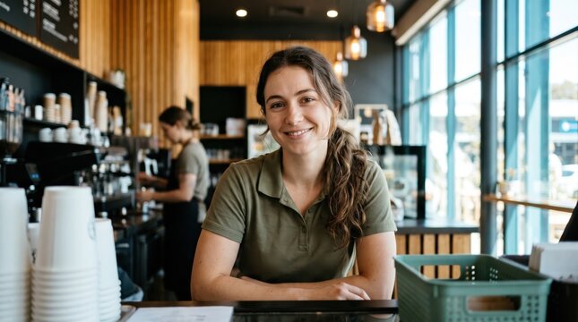 Cafe worker smiling behind counter