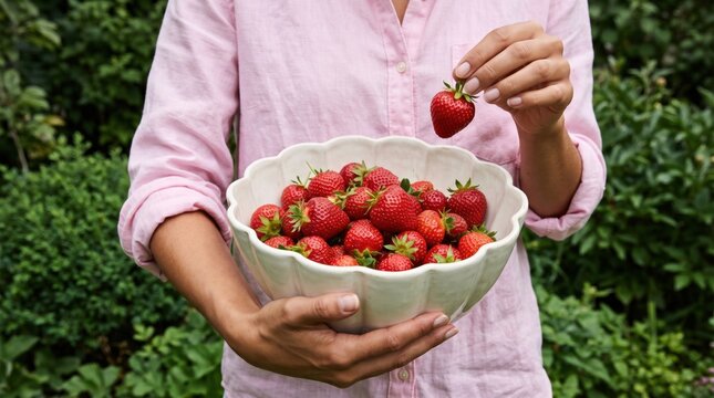 Person holding bowl of strawberry fruit in garden, selecting fresh red berry for healthy seasonal food and outdoor harvest enjoyment
