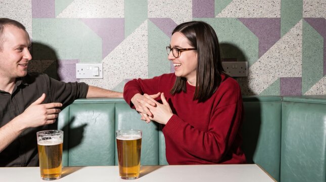 Two companions conversing at table in colorful cafe booth with drinks, smiling during friendly social meeting
