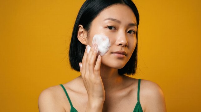 Woman applying skincare foam to cheek with gentle expression against orange background