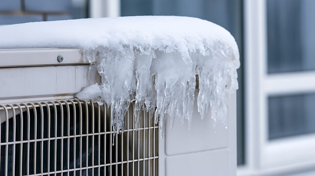 Air conditioner unit covered in thick snow and sharp winter icicles during cold weather season, highlighting seasonal climate effect on home
