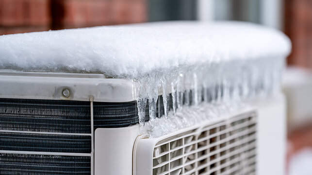 Air conditioner unit covered in thick white snow and sharp dangling icicles during a freezing cold winter day outdoors in residential setup