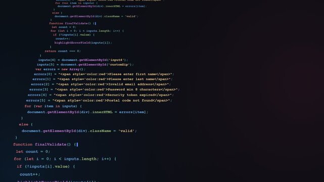 JavaScript Form Validation Script Scrolling Vertically on Dark Screen with Syntax Highlighting