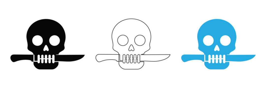 Skull with knife icon set vector illustration. Danger and pirate symbol. Black, outline and blue silhouette design elements for military and horror branding