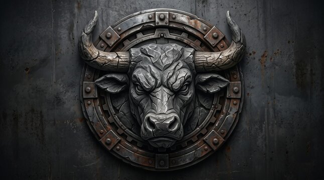 Industrial metallic bull head emblem, dark bronze steel taurus sculpture, rugged iron bull logo design for finance and strength concept