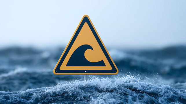 A triangular warning sign with a wave symbol standing in the middle of a stormy sea with rough water and dramatic moody weather condition
