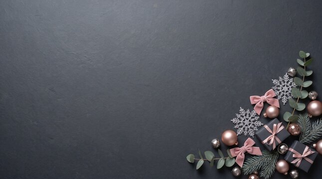 Dark Slate Gray and Rose Gold Christmas Background with Elegant Modern Holiday Decoration and Copy Space