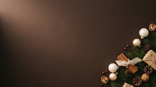 Dark Chocolate Brown Luxury Christmas Background with Cream Ornaments and Rustic Decorations