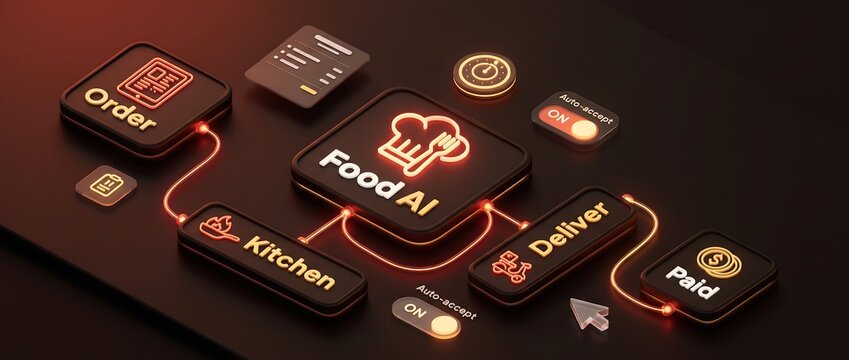 Food AI app workflow order kitchen delivery payment process interface icons