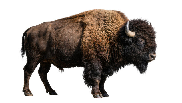 Majestic brown bison with thick fur horns and beard, isolated on transparent background