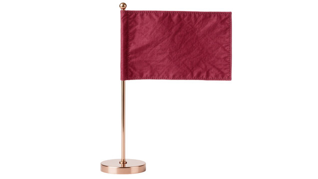 Small maroon fabric flag on a rose gold metal pole, isolated on transparent background