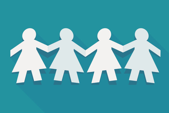 Flat design illustration of paper cut women holding hands in a chain, symbolizing sisterhood, female empowerment, women rights solidarity, and community unity