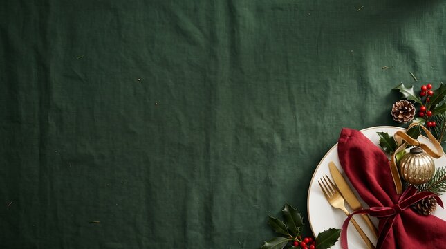 Elegant Christmas Table Setting in Bottom Right Corner with Large Holiday Copy Space