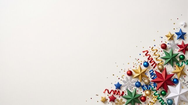 Colorful Christmas Paper Stars and Confetti Cluster with Large Holiday Copy Space