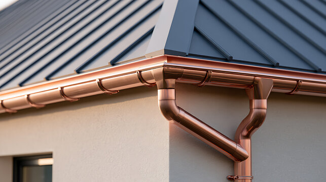 Modern house exterior with shiny new copper rain gutter system and metal standing seam roof corner detail architectural construction photo