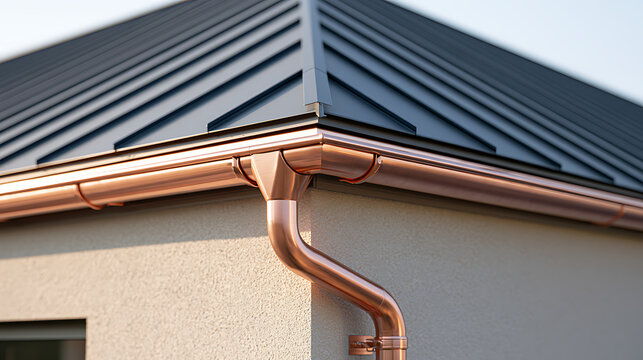 Modern house exterior with shiny copper rain gutter system and dark metal roof tile detail on a residential building wall facade structure
