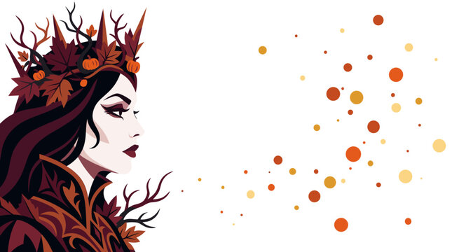 Flat vector dark fantasy autumn queen profile with floating embers and copy space