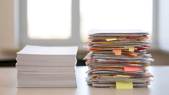 A comparison of two paper stacks showing a small neat pile next to a massive messy stack filled with colorful sticky notes on office desk