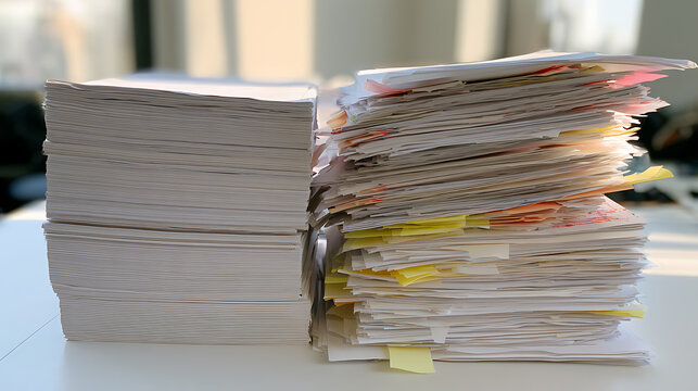 Large stacks of white office paper and messy documents with colorful sticky notes on a desk in a corporate workplace interior environment