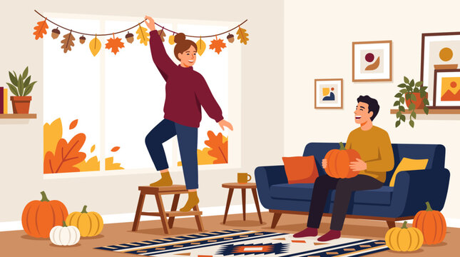 Flat vector illustration of happy couple decorating home living room for Thanksgiving