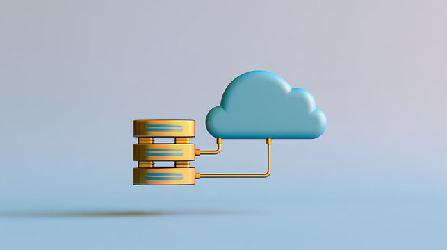 A 3D illustration of cloud computing infrastructure with a blue cloud icon connected to database servers, representing digital data storage