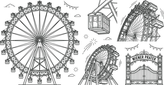 Vienna prater giant ferris wheel amusement park line art vector icon set