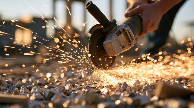 An angle grinder bites into metal amid scattered shavings