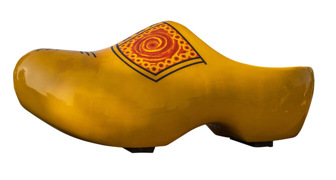 Traditional Yellow Dutch Wooden Shoe Isolated on White Background
