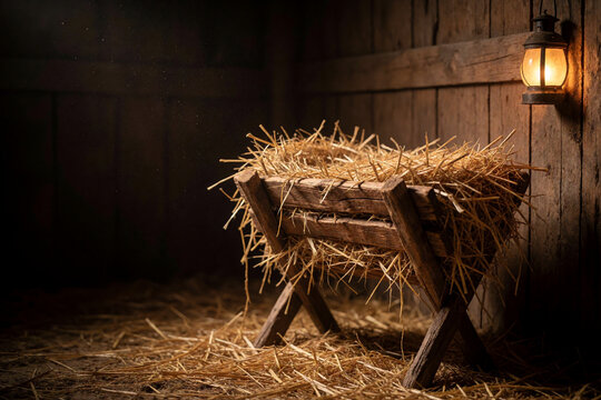 Empty wooden manger with straw and lit lantern in a dark stable for Christmas, front view