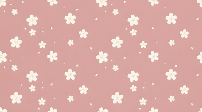 White cherry blossoms scattered on a soft pastel pink background seamless pattern