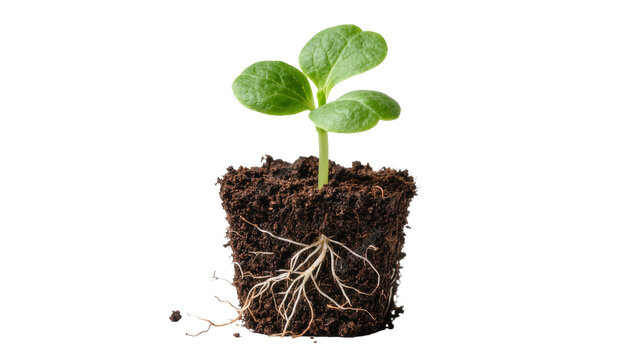 Young green seedling with visible roots in dark soil, isolated on transparent background