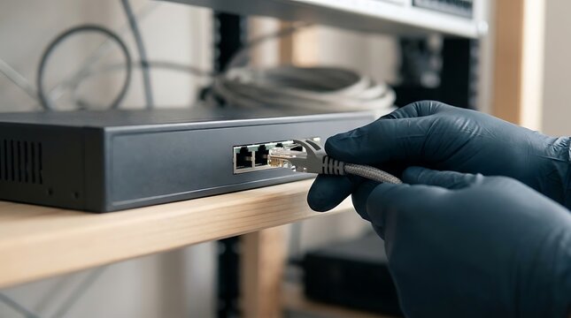 IT technician in protective gloves plugging ethernet cable into network switch
