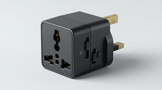Universal travel adapter plug with multiple international outlets on a white background