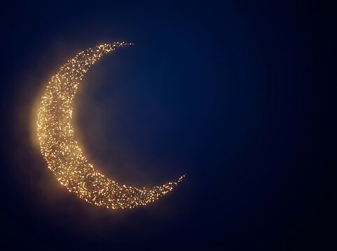 Sparkling crescent moon made of golden glitter particles.