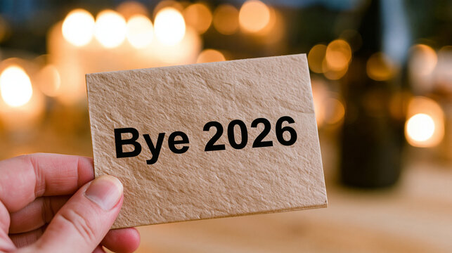 Elegant photo of A hand holding a paper card with the text Bye 2026 in warm festive lighting. Perfect for New Year greeting card designs.