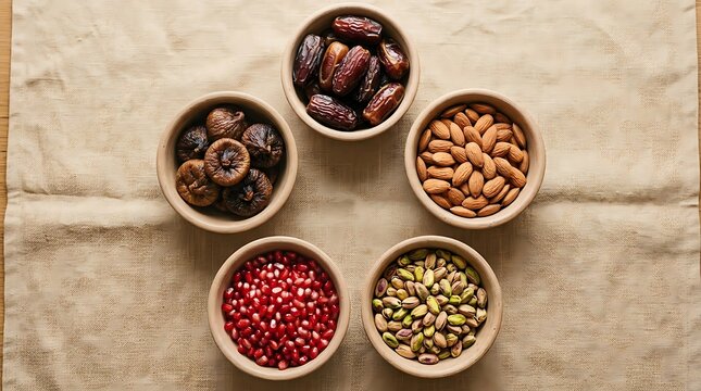 Five bowls of dried figs, dates, almonds, pistachios, pomegranate seeds.