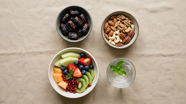 Healthy Ramadan food spread with fruits nuts dates and water.